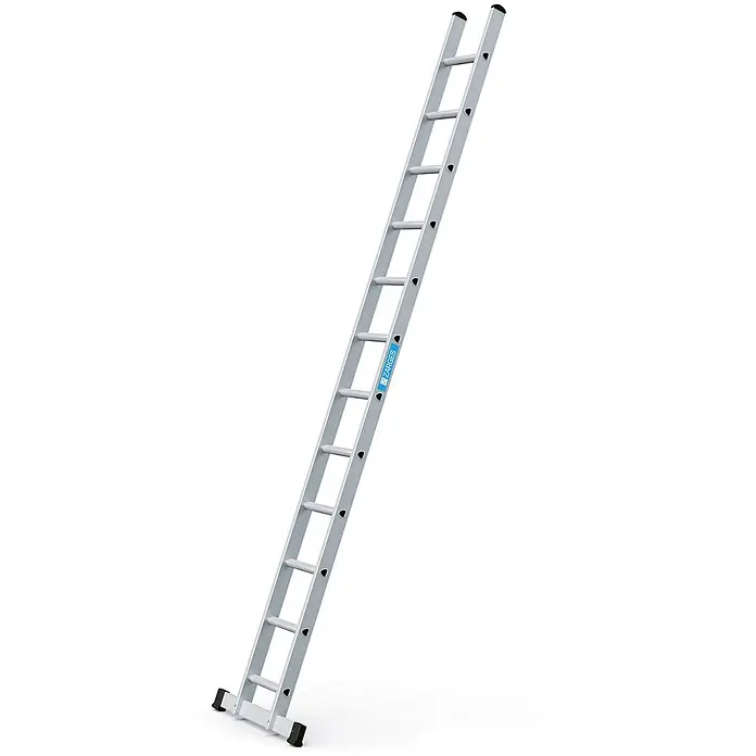 Zarges Anlegeleiter Strato DL gebördelte Sprossenanlegeleiter 12 Sprossen - Anzahl Tritte: 12 Stk., Arbeitshöhe: 4.400 m, Aluminium - Silberne einteilige Aluminiumleiter mit schwarzen Füßen und Abschlusskappen, mit blauem ZARGES-Logo.