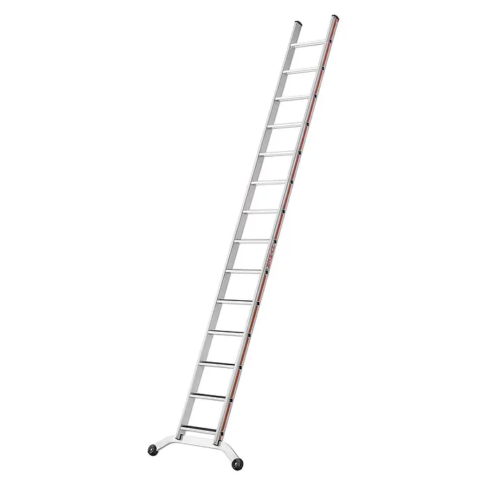 Hymer Anlegeleiter Stufenanlegeleiter R13-Beschichtung 14 Stufen - Anzahl Tritte: 14 Stk., Arbeitshöhe: 4.560 m, Aluminium - Silberne Aluminium-Anlegeleiter mit breiter Stabilisatorstange, schwarzen Anti-Rutsch-Stufen, roten Seitenakzenten und schwarzen Rollen.