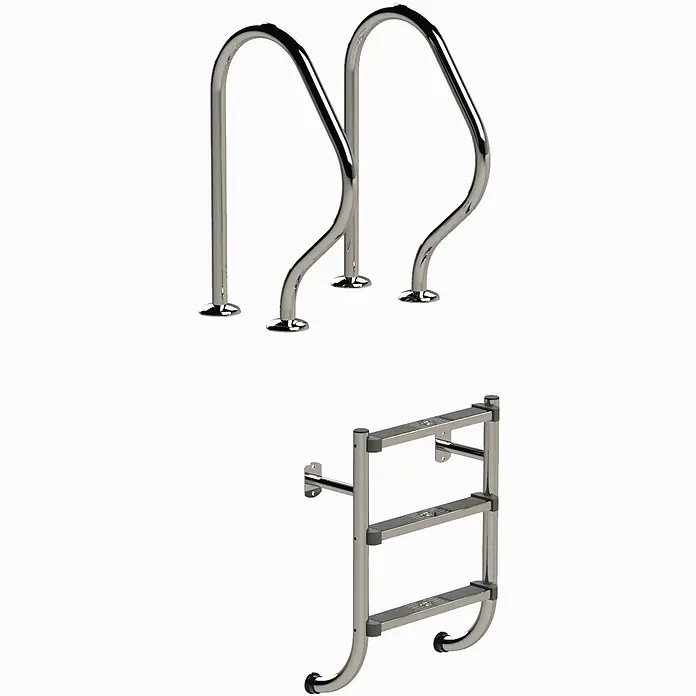Ideal Eichenwald Anlegeleiter Poolleiter Modell 58 Geteilte Leiter mit 2 Griffbögen Leiterlänge 959mm 3 - Anzahl Tritte: 3 Stk., Belastbarkeit: 120 kg, Edelstahl - Glänzende Edelstahl-Poolhandläufe und passende dreistufige Leiter mit grauen Anti-Rutsch-Trittflächen für sicheren Poolzugang.