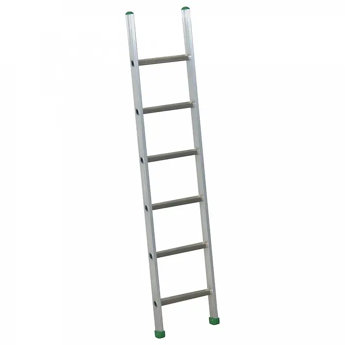 Facal Anlegeleiter Anlegeleiter Prima S600 6 Sprossen - Anzahl Tritte: 6 Stk., Arbeitshöhe: 2.950 m, Aluminium - Silberne Aluminium-Anlegeleiter mit grünen Kappen.