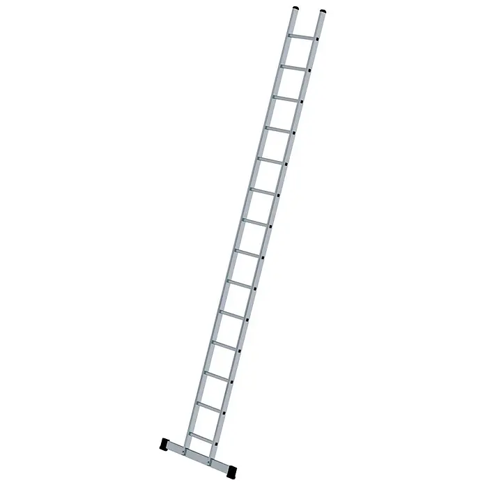 Munk Anlegeleiter Anlegeleiter B35 mit Traverse 14 Sprossen - Anzahl Tritte: 14 Stk., Arbeitshöhe: 5.300 m, Belastbarkeit: 150 kg, Aluminium - Gekippte silberne Metallleiter.
