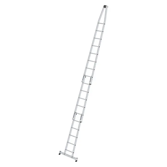 Munk Anlegeleiter Glasreinigerleiter mit nivello Traverse 3-teiliger Satz - Anzahl Tritte: 18 Stk., Arbeitshöhe: 6.800 m, Aluminium - Silberne Aluminium-Ausziehleiter mit Stabilisator an der Basis und einer oberen Rolle zur einfachen Wandanlage.