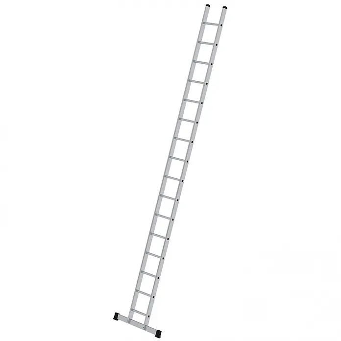 Munk Anlegeleiter Anlegeleiter B35 mit Traverse 16 Sprossen - Anzahl Tritte: 16 Stk., Arbeitshöhe: 5.800 m, Belastbarkeit: 150 kg, Aluminium - Silberne Aluminiumleiter mit schwarzen Endkappen.