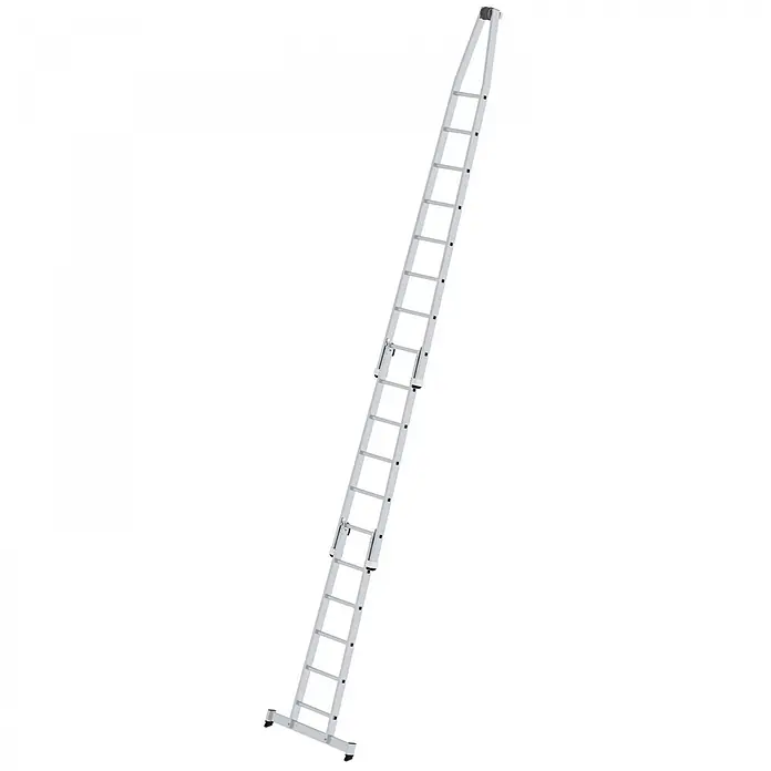 Munk Anlegeleiter Glasreinigerleiter mit nivello Traverse 3-teiliger Satz - Anzahl Tritte: 18 Stk., Arbeitshöhe: 6.800 m, Aluminium - Silberfarbene Aluminium-Ausziehleiter mit mehreren verstellbaren Abschnitten für hohe Bereiche.