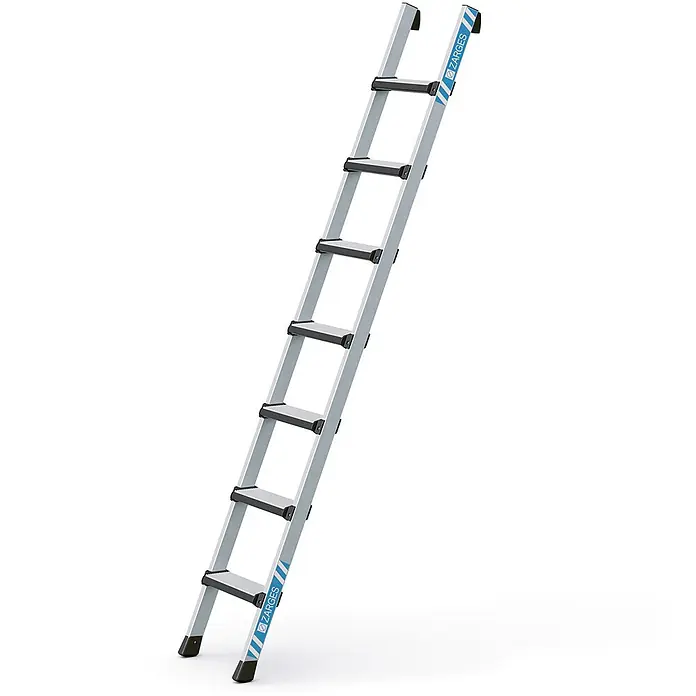 Zarges Anlegeleiter Anlegeleiter Comfortstep L 7 gepolsterte Stufen - Anzahl Tritte: 7 Stk., Arbeitshöhe: 3.000 m, Aluminium - Silberne Aluminiumleiter mit schwarzen Stufen und Füßen, mit blauem ZARGES-Logo. Eine robuste Steighilfe.