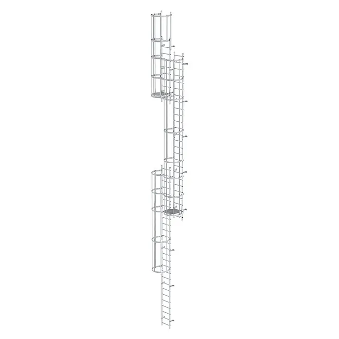 Munk Anlegeleiter ortsfeste Steigleitern Aluminium, 13,16m SH PG2 - Aluminium - Modulares Gitterleitersystem aus silbernem Metall mit Ruheplattformen.