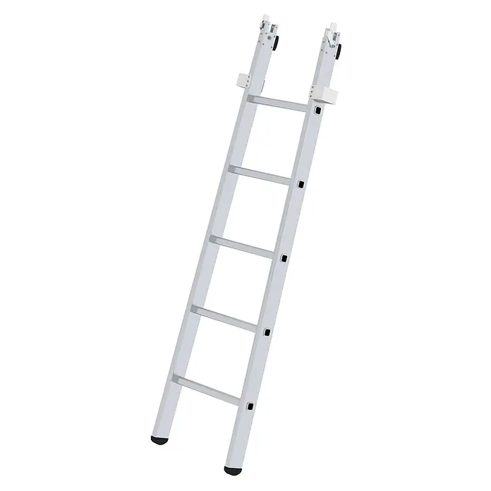 Munk Anlegeleiter Glasreinigerleiter Mittelteil - Aluminium - Silberfarbene Aluminium-Ausziehleiter mit schwarzen Sicherheitsfüßen und Verriegelungsmechanismen.