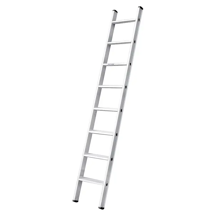 Iller Leiter Anlegeleiter Stufen-Anlege Alu Ergo Plus ohne Traverse mit 8 Stufen 3,33m AH - Anzahl Tritte: 8 Stk., Arbeitshöhe: 3.330 m, Aluminium - Silberne Aluminiumleiter mit schwarzen Schutzkappen.