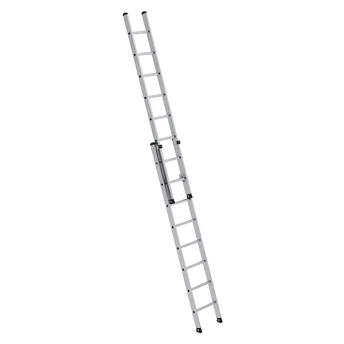 Munk Anlegeleiter Aluminium-Schiebeleiter 2-teilig ohne Traverse 2x8 Sprossen - Anzahl Tritte: 8 Stk., Arbeitshöhe: 5.200 m, Aluminium - Silberne Aluminium-Ausziehleiter mit schwarzen Sicherheitskappen.