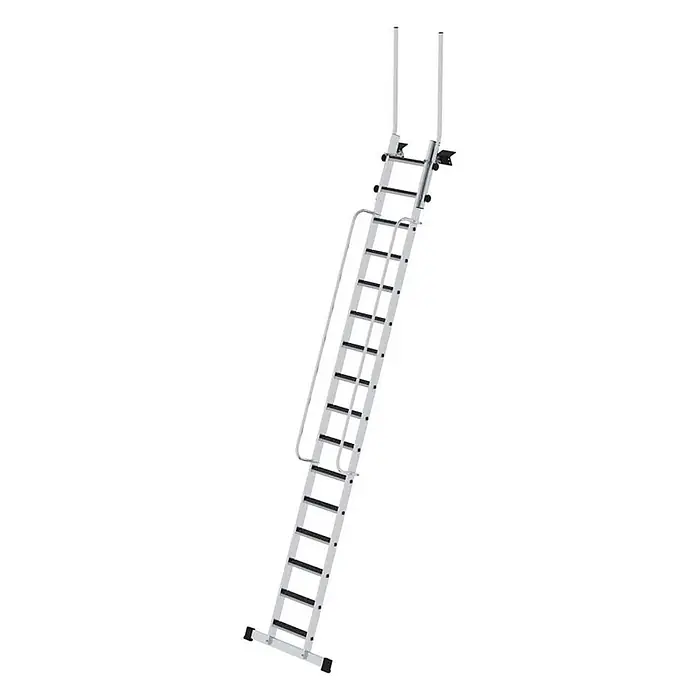 Munk Anlegeleiter Geschossleiter 5,0m AH mit Clip-Step R13 und Handlauf 16 Stufen - Anzahl Tritte: 16 Stk., Arbeitshöhe: 5.000 m, Aluminium - Faltbare silberne Metall-Zugangsleiter mit schwarzen Stufen und Sicherheits-Haltegriff.