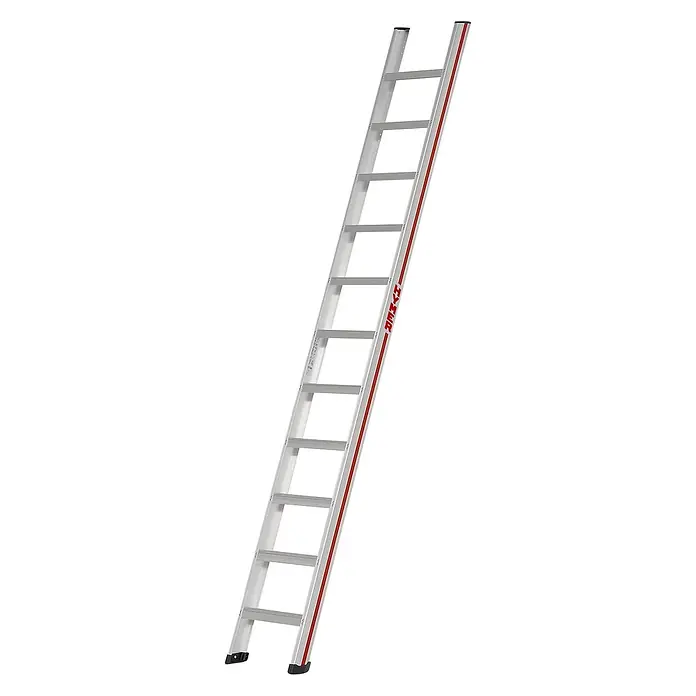 Hymer Anlegeleiter Stufenanlegeleiter mit 8-fach vollvernieteter Stufen 11 Stufen - Anzahl Tritte: 11 Stk., Arbeitshöhe: 3.840 m, Aluminium - Silberne Aluminium-Anlegeleiter mit rotem Akzentstreifen und schwarzen Antirutschfüßen.