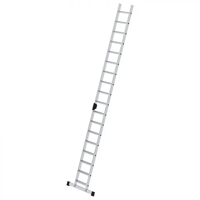 Munk Anlegeleiter Stufenanlegeleiter mit Traverse und Ergo-Pad 18 Stufen - Anzahl Tritte: 18 Stk., Arbeitshöhe: 5.800 m, Aluminium - Silberne Ausziehleiter mit schwarzen Schutzkappen und Verriegelungsmechanismus.