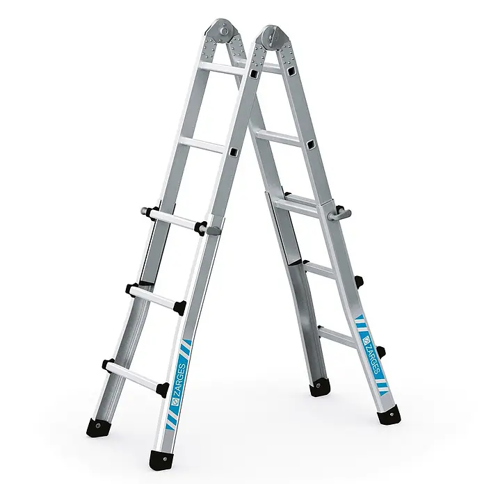 Zarges Anlegeleiter Teleskop-Mehrzweckleiter Variomax V 4x3 Sprossen - Anzahl Tritte: 3 Stk., Arbeitshöhe: 3.850 m, Aluminium - Silberne Aluminium-Gelenkleiter in Stehleiter-Konfiguration mit schwarzen Füßen und Akzenten.