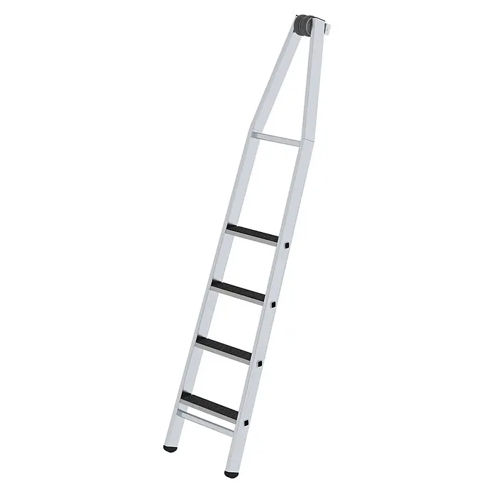Munk Anlegeleiter Stufen-Glasreinigerleiter mit nivello-Traverse clip-step R13, 4-stufiges Ob - Anzahl Tritte: 4 Stk., Aluminium - Silberne Aluminium-Zugangsleiter mit schwarzen Anti-Rutsch-Stufen und oberen Rollen.