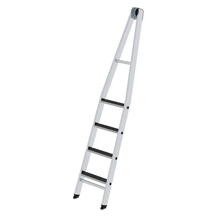 Munk Anlegeleiter Stufen-Glasreinigerleiter mit nivello-Traverse clip-step R13, 4-stufiges Ob - Anzahl Tritte: 4 Stk., Aluminium - Silberne Anlegeleiter mit schwarzen Antirutsch-Stufen, Fußkappen und oberen Rollen.