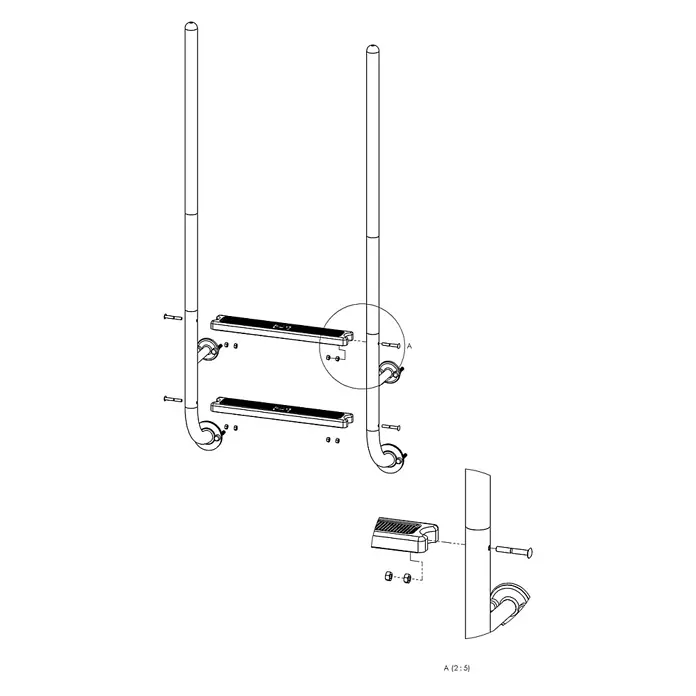 Ideal Eichenwald Anlegeleiter Poolleiter Modell 23 Roma mit einschraubbaren Griffstangen Beckentiefe 780m - Anzahl Tritte: 2 Stk., Belastbarkeit: 120 kg, Edelstahl - Montageanleitung einer zweistufigen Metall-Einstiegsleiter mit schwarzen, strukturierten Stufen und Befestigungsmaterial.