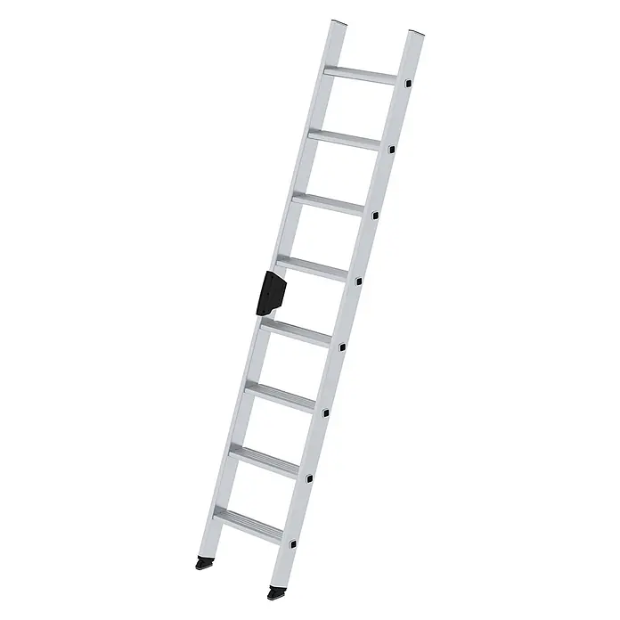 Munk Anlegeleiter Stufenanlegeleiter mit Ergo-Pad ohne Traverse 8 Stufen - Anzahl Tritte: 8 Stk., Arbeitshöhe: 3.300 m, Aluminium - Silberne Aluminium-Anlegeleiter mit schwarzen rutschfesten Fußkappen und einem Sicherheitsstopp.
