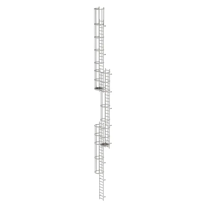 Munk Anlegeleiter ortsfeste Steigleitern Edelstahl, 16,80m SH PG2 - Edelstahl - Silber/graues, modulares Steigleiternsystem mit Käfig und Plattformen für vertikalen Zugang.