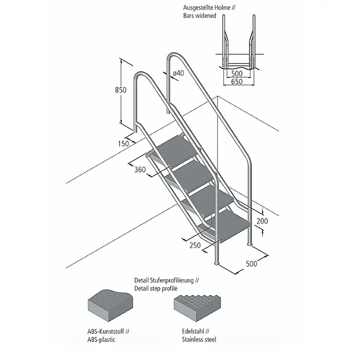 Ideal Eichenwald Anlegeleiter Pooltreppe Modell 08.1 Miami Beckentiefe 1399mm Ausladung 1338mm 6 Waffelbl - Anzahl Tritte: 6 Stk., Belastbarkeit: 120 kg, Edelstahl - Edelstahl Pooltreppe mit vier Stufen und Handläufen, detaillierte Maße und Optionen für Stufenmaterialien.