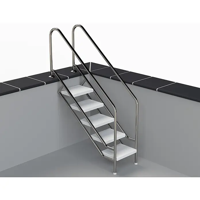 Ideal Eichenwald Anlegeleiter Pooltreppe Modell 08.1 Miami Beckentiefe 1399mm Ausladung 1338mm 6 Waffelbl - Anzahl Tritte: 6 Stk., Belastbarkeit: 120 kg, Edelstahl - Edelstahl-Pooltreppe mit weißen, rutschfesten Stufen.
