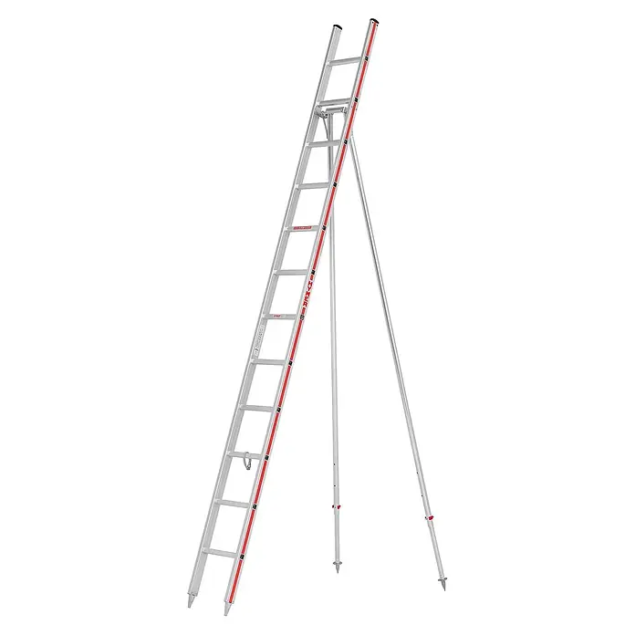 Hymer Anlegeleiter Obstbaumleiter 12 Sprossen - Anzahl Tritte: 12 Stk., Arbeitshöhe: 4.230 m - Silberne Aluminium-Dreibeinleiter mit roten Akzenten, freistehend und mit Spikes.