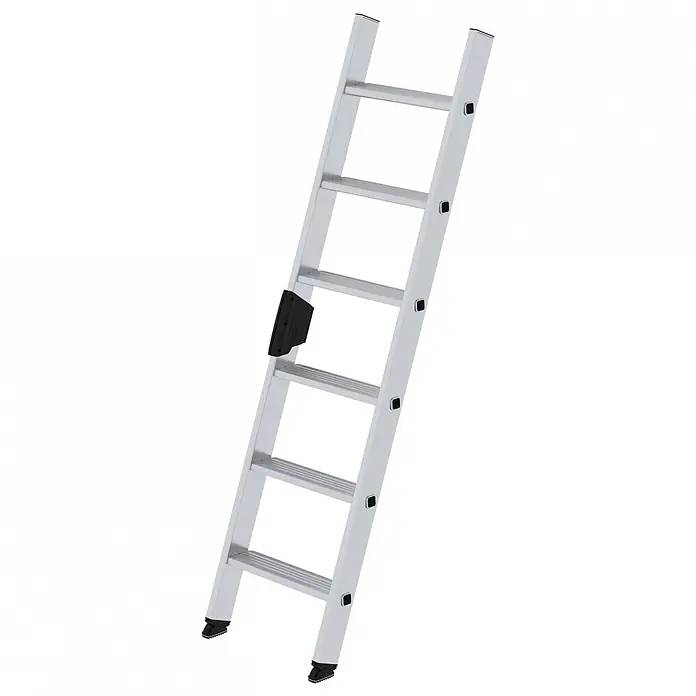 Munk Anlegeleiter Stufenanlegeleiter mit Ergo-Pad ohne Traverse 6 Stufen - Anzahl Tritte: 6 Stk., Arbeitshöhe: 2.800 m, Aluminium - Silberne Aluminium-Anlegeleiter mit schwarzen Sicherheitsfüßen und Verriegelungsmechanismus.