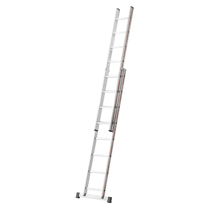 Hymer Anlegeleiter Stufenschiebeleiter 8 Stufen - Anzahl Tritte: 8 Stk., Arbeitshöhe: 4.780 m, Aluminium - Silberne zweiteilige Aluminium-Ausziehleiter mit roten HYMER-Sicherheitsmarkierungen.