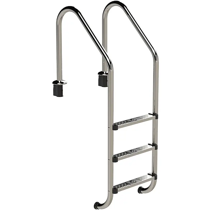 Ideal Eichenwald Anlegeleiter Poolleiter Modell 56 Tiefbeckenleiter weite Ausladung Leiterlänge 959mm 3 - Anzahl Tritte: 3 Stk., Belastbarkeit: 120 kg, Edelstahl - Glänzende Metall-Poolleiter mit drei texturierten Stufen und schwarzen rutschfesten Kappen.