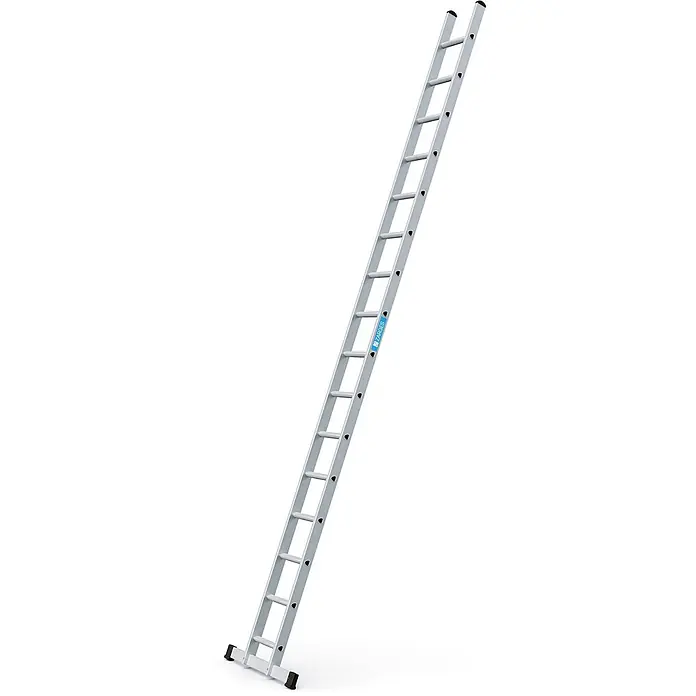 Zarges Anlegeleiter Strato DL gebördelte Sprossenanlegeleiter 16 Sprossen - Anzahl Tritte: 16 Stk., Arbeitshöhe: 5.450 m, Aluminium - Silberne Aluminium-Anlegeleiter mit Sprossen und schwarzen Anti-Rutsch-Füßen.