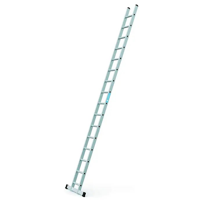 Zarges Anlegeleiter Strato DL gebördelte Sprossenanlegeleiter 16 Sprossen - Anzahl Tritte: 16 Stk., Arbeitshöhe: 5.450 m, Aluminium - Lange, silberne Aluminium-Anlegeleiter mit schwarzen rutschfesten Füßen und Kappen.