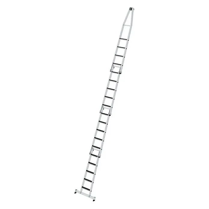 Munk Anlegeleiter Stufen- Glasreinigerleiter 4-teilig mit clip-step R13 und nivello Traverse - Anzahl Tritte: 19 Stk., Arbeitshöhe: 7.000 m, Aluminium - Ausziehbare Aluminiumleiter mit schwarzen Sprossen und stabilisierendem Fuß.