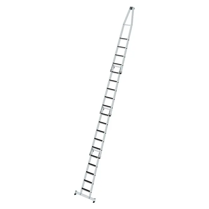 Munk Anlegeleiter Stufen- Glasreinigerleiter 4-teilig mit clip-step R13 und nivello Traverse - Anzahl Tritte: 19 Stk., Arbeitshöhe: 7.000 m, Aluminium - Ausziehbare Aluminiumleiter mit schwarzen Anti-Rutsch-Sprossen, Stabilisierungsbalken und oberer Rolle.