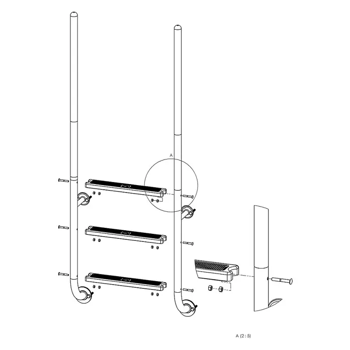Ideal Eichenwald Anlegeleiter Poolleiter Modell 23 Roma mit einschraubbaren Griffstangen Beckentiefe 1060 - Anzahl Tritte: 3 Stk., Belastbarkeit: 120 kg, Edelstahl - Explosionszeichnung einer Metall-Poolleiter mit drei schwarzen Stufen und Befestigungsmaterial.