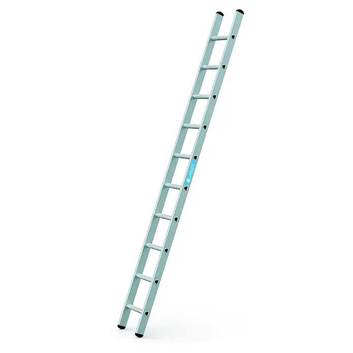 Zarges Anlegeleiter Strato DL gebördelte Sprossenanlegeleiter 10 Sprossen - Anzahl Tritte: 10 Stk., Arbeitshöhe: 3.850 m, Aluminium - Silberne Aluminium-Einfachleiter mit 9 Sprossen und schwarzen rutschfesten Füßen, ZARGES-Markenetikett.