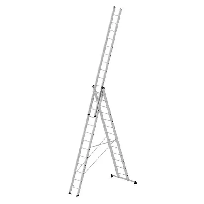 Munk Mehrzweckleiter Mehrzweckleiter mit Nivello® Traverse 3x13 Sprossen - Anzahl Tritte: 13 Stk., Arbeitshöhe: 10.600 m, Aluminium - Silberne Aluminium-Mehrzweckleiter in A-Rahmen-Verlängerung, mit schwarzen Stabilisatoren.