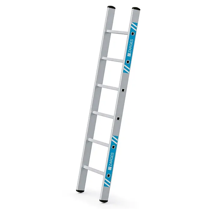 Zarges Anlegeleiter Stella L Anlegeleiter 6 Sprossen - Anzahl Tritte: 6 Stk., Arbeitshöhe: 2.800 m, Aluminium - Silberne Aluminium-Anlegeleiter mit schwarzen Anti-Rutsch-Füßen und blauem Zarges-Branding.