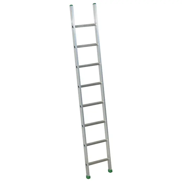 Facal Anlegeleiter Anlegeleiter Prima S600 8 Sprossen - Anzahl Tritte: 8 Stk., Arbeitshöhe: 3.550 m, Aluminium - Silberne Aluminiumleiter mit grünen Schutzkappen an den oberen und unteren Enden.