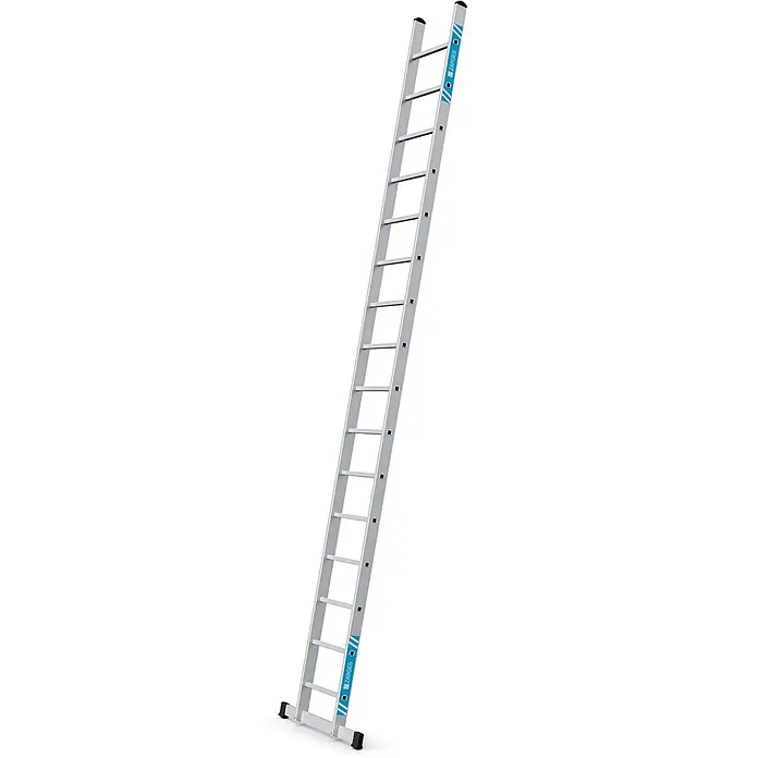 Zarges Anlegeleiter Stella L Anlegeleiter 16 Sprossen - Anzahl Tritte: 16 Stk., Arbeitshöhe: 5.500 m, Aluminium - Silberne Aluminium-Anlegeleiter mit blauem ZARGES-Branding an den Holmseiten.