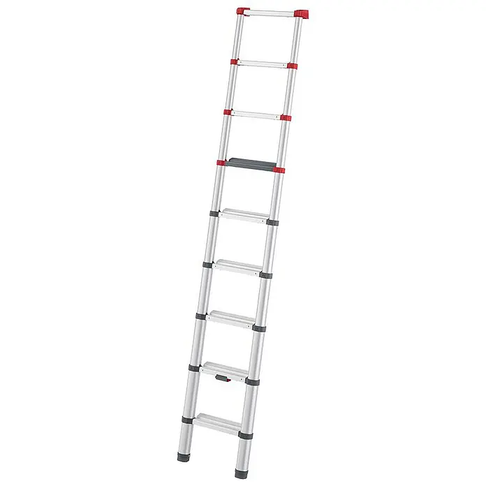 Munk Anlegeleiter ML Stufen Teleskopleiter 9 Stufen - Anzahl Tritte: 9 Stk., Arbeitshöhe: 3.400 m, Belastbarkeit: 150 kg, Aluminium - Silberfarbene Aluminium-Teleskopleiter mit roten und dunkelgrauen Akzenten und mehreren ausziehbaren Sprossen.