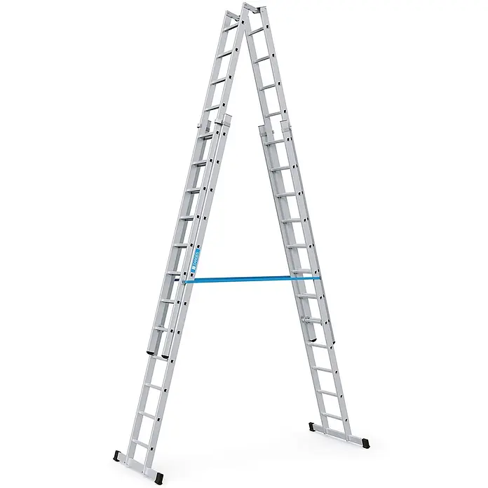 Zarges Mehrzweckleiter Sprossen-Stehleiter Vario B 4x12 Sprossen - Anzahl Tritte: 12 Stk., Arbeitshöhe: 7.000 m, Aluminium - Silberne Aluminium-Mehrzweckleiter in A-Rahmen-Konfiguration mit blauer Stabilisierungsstange.