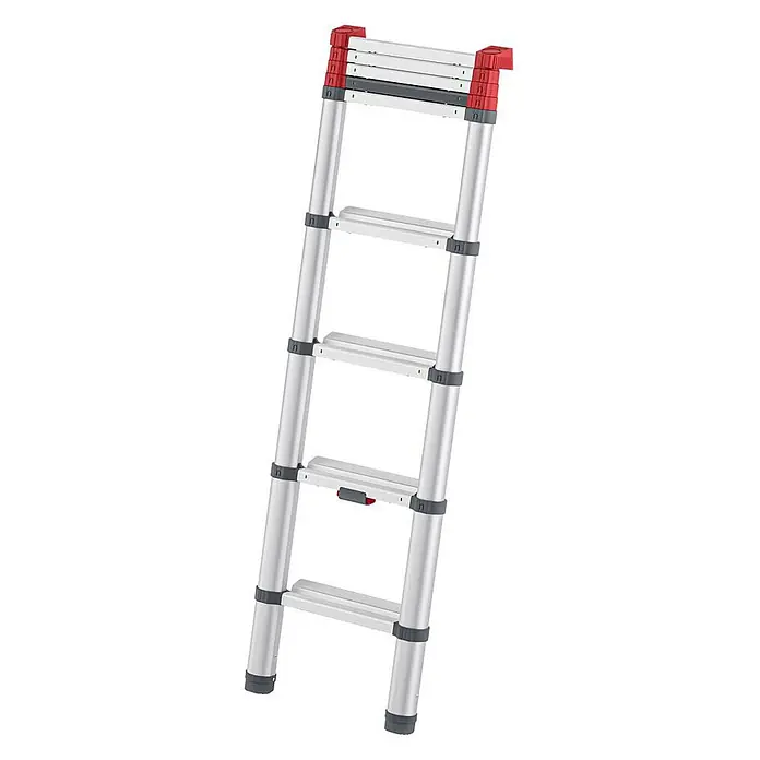 Munk Anlegeleiter ML Stufen Teleskopleiter 9 Stufen - Anzahl Tritte: 9 Stk., Arbeitshöhe: 3.400 m, Belastbarkeit: 150 kg, Aluminium - Silberne Teleskopleiter mit roten und dunkelgrauen Sicherheitsverschlüssen, vollständig ausgefahren.