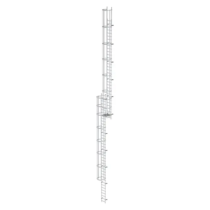 Munk Anlegeleiter ortsfeste Steigleitern Aluminium, 17,92m SH - Aluminium - Modulares silbernes Sicherheitsleitersystem mit Schutzkorb und Zwischenplattform.