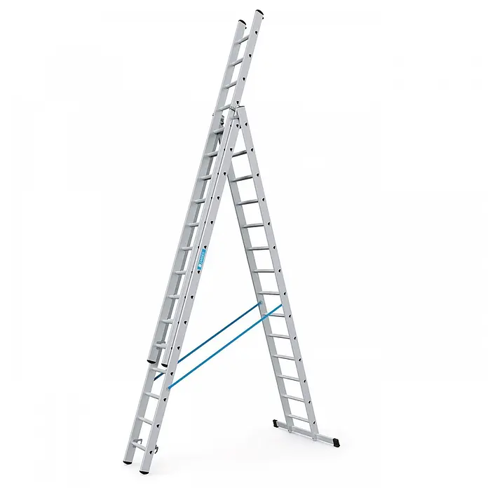 Zarges Mehrzweckleiter Skymaster DX Mehrzweckleiter 3x14 Sprossen - Anzahl Tritte: 14 Stk., Arbeitshöhe: 10.050 m, Aluminium - Silberne Aluminium-Ausziehleiter, umwandelbar in eine Stehleiter mit blauen Spanngurten.