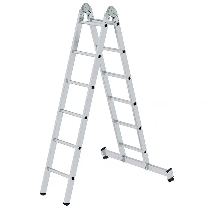 Munk Mehrzweckleiter Gelenk-Klappleiter mit Nivello® Traverse 2x6 Sprossen - Anzahl Tritte: 6 Stk., Arbeitshöhe: 4.700 m, Aluminium - Klappbare Gelenkleiter aus silbernem Aluminium in A-Form.