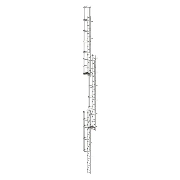 Munk Anlegeleiter ortsfeste Steigleitern Edelstahl, 17,64m SH PG2 - Edelstahl - Silberne Metallsicherheitsleiter mit Rückenschutz und Ruheplattformen, für vertikalen Zugang.
