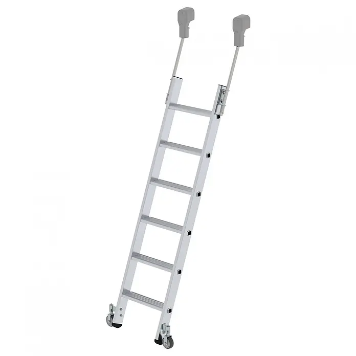 Munk Mehrzweckleiter Aluminium-Regalleiter fahrbar 6 Stufen - Anzahl Tritte: 6 Stk., Arbeitshöhe: 2.800 m, Aluminium - Silberne Aluminium-Bodentreppe mit Rollen unten und oberen Befestigungshaken.