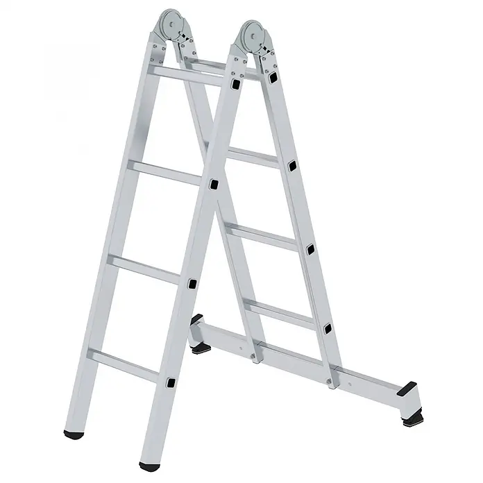 Munk Mehrzweckleiter Gelenk-Klappleiter mit Nivello® Traverse 2x4 Sprossen - Anzahl Tritte: 4 Stk., Arbeitshöhe: 3.600 m, Aluminium - Silberfarbene Aluminium-Mehrzweck-Klappleiter in A-Form mit Stabilisierungsstange.