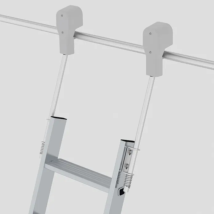 Munk Mehrzweckleiter Aluminium-Regalleiter fahrbar 6 Stufen - Anzahl Tritte: 6 Stk., Arbeitshöhe: 2.800 m, Aluminium - Silberne Aluminiumleiter mit grauem Kunststoff-Schienenbefestigungssystem, mit Metallstangen und Federn zur einstellbaren Positionierung.