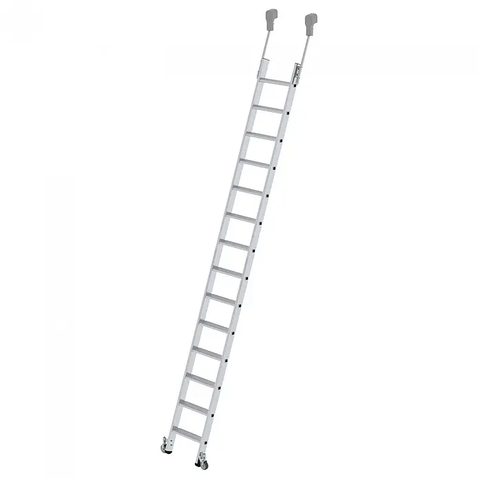 Munk Mehrzweckleiter Aluminium-Regalleiter fahrbar 14 Stufen - Anzahl Tritte: 14 Stk., Arbeitshöhe: 4.800 m, Aluminium - Silberne Aluminiumleiter mit oberen Haken/Stützen und unteren Rollen.