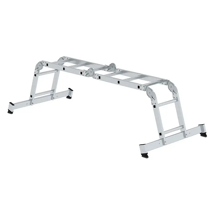 Munk Mehrzweckleiter Vielzweckleiter mit Nivello® Traverse und Holzbelag 2x2 + 2x3 Sprossen - Arbeitshöhe: 4.000 m, Aluminium - Silberne Aluminium-Gelenkleiter in Brücken- oder Podestkonfiguration.